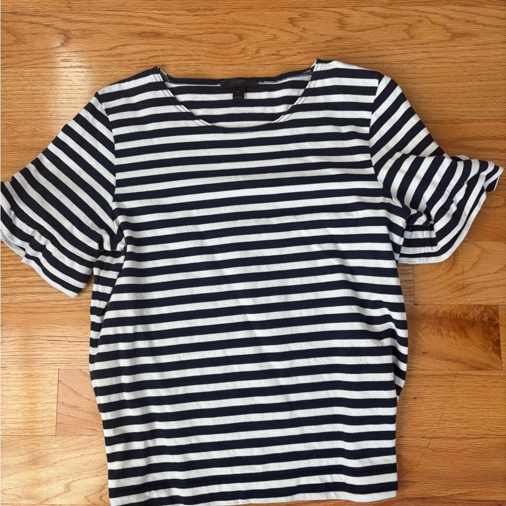 J. Crew Navy and White Ruffled Short Sleeve Tee